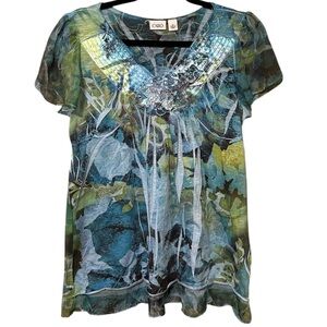 Y2K Cato Women's Blue and Green Blouse Botanical Floral Butterfly Sz M